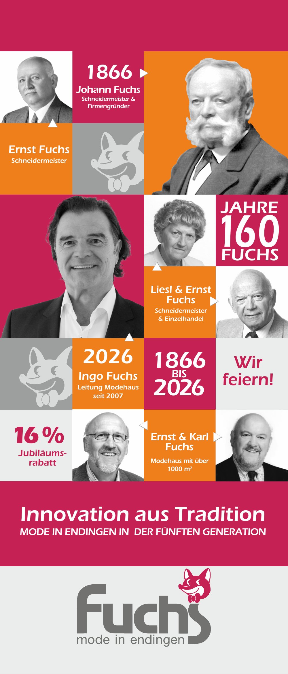 160 Jahre Fuchs – Mode in Endingen in der fünften Generation, 1866 bis 2026, 16 % Jubiläumsrabatt
